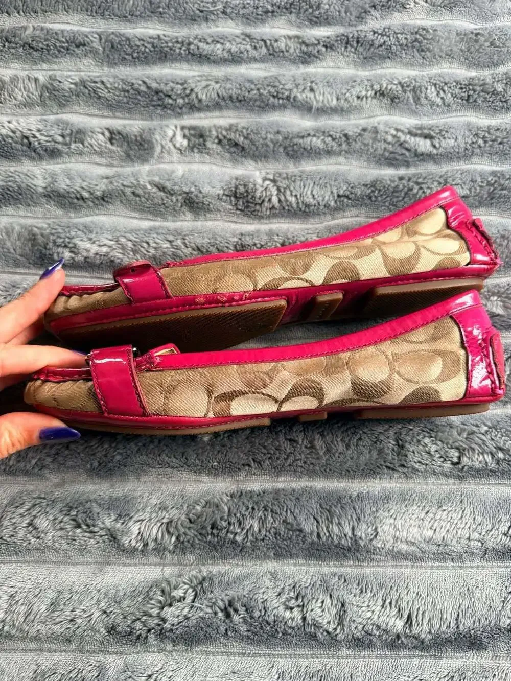 Coach Hellen Pink Patent Leather Trim Signature Canvas Flats Size 9B